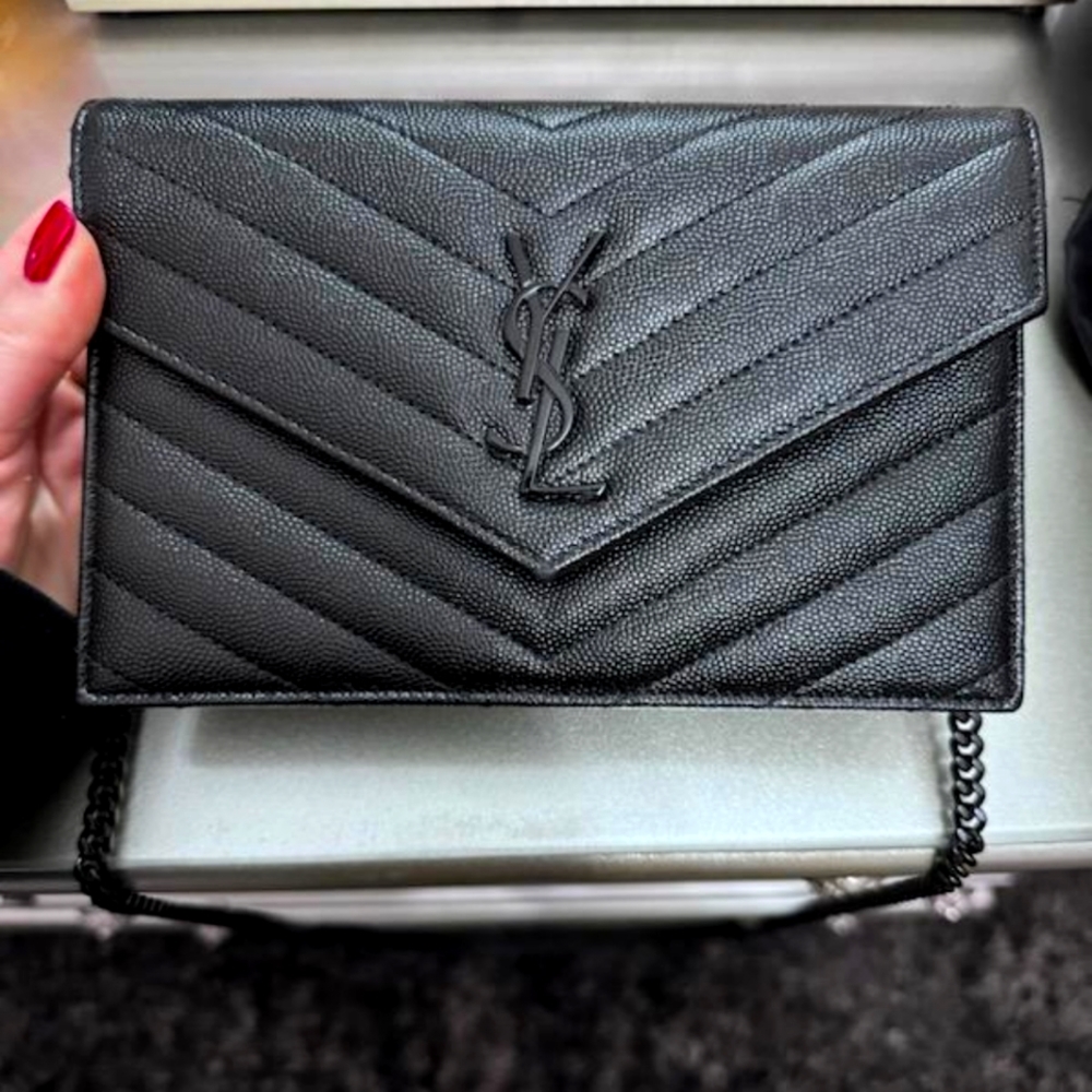 YSL Wallet Chain CROSSBODY CASSANDRE ENVELOPE CHAIN WALLET GRAIN DE POUDRE Matte